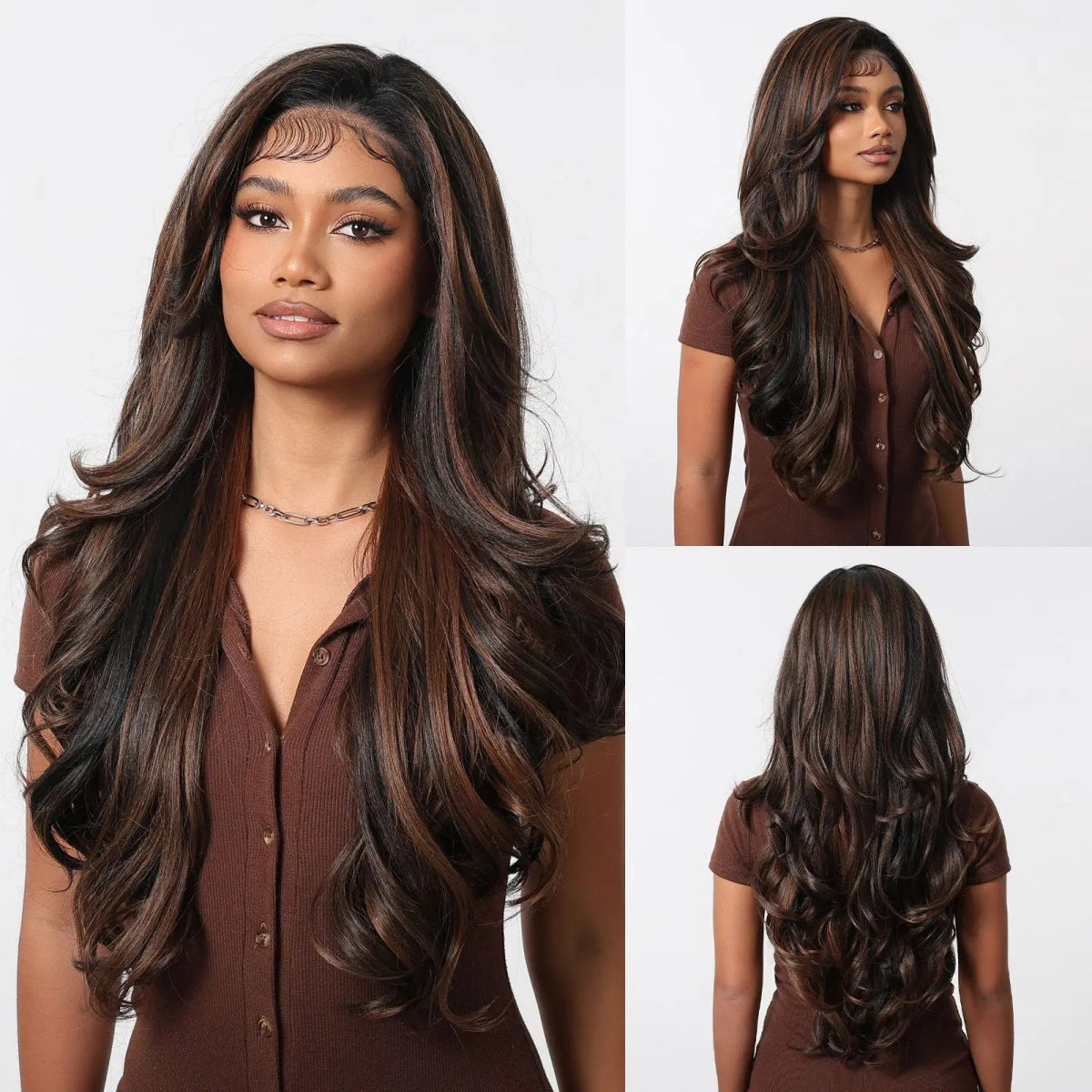 Ash Brown Highlight Wavy Lace Front Wig - HairNjoy