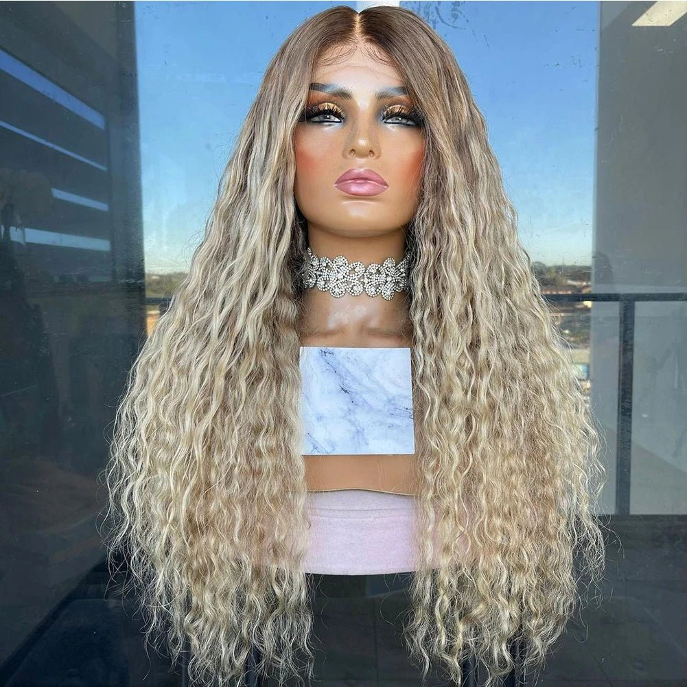 Ashy Blonde Curly Human Hair Wig Dark Roots - HairNjoy