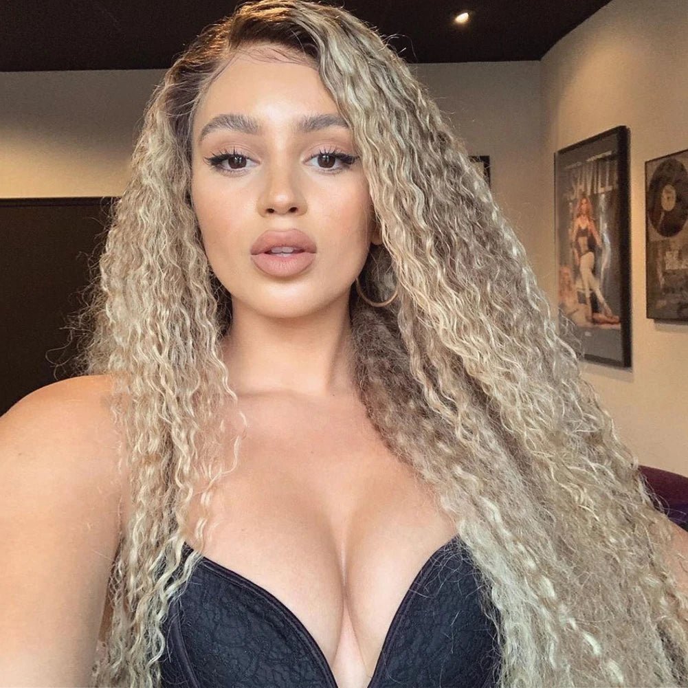 Ashy Blonde Curly Human Hair Wig Dark Roots - HairNjoy