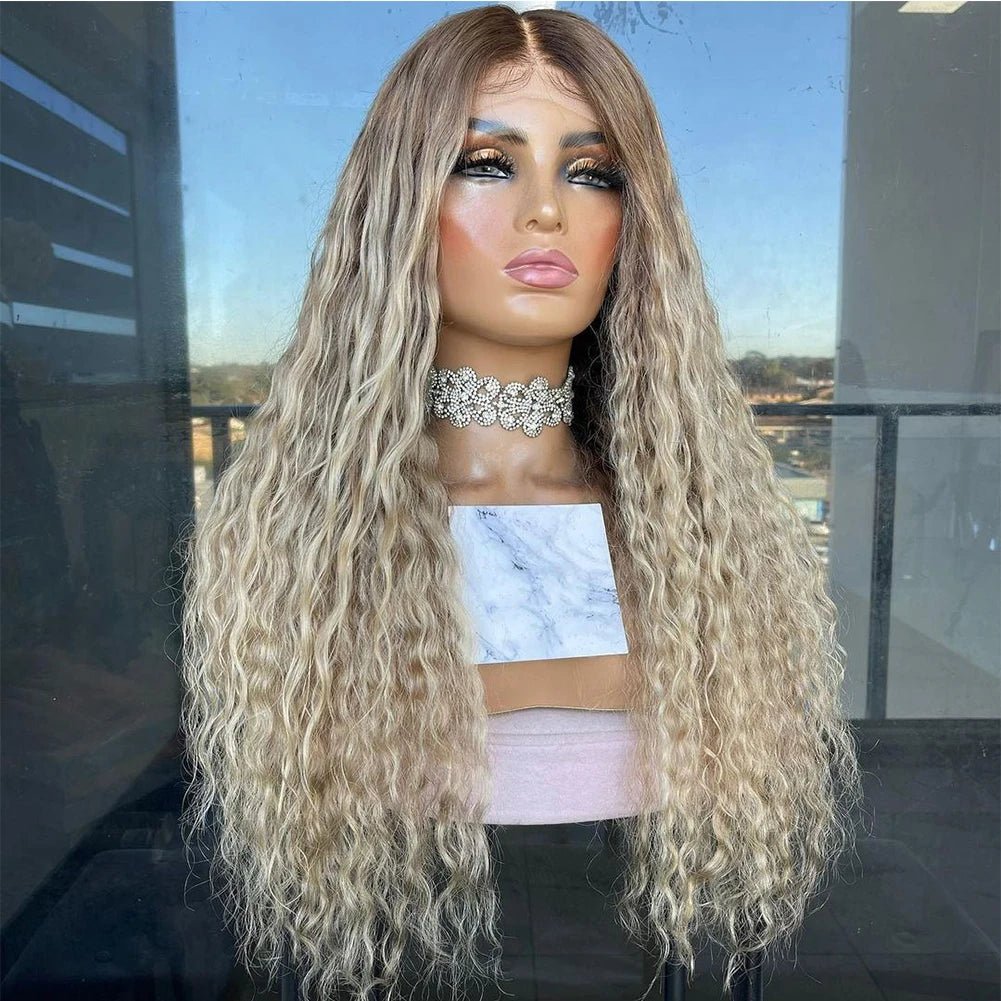 Ashy Blonde Curly Human Hair Wig Dark Roots - HairNjoy