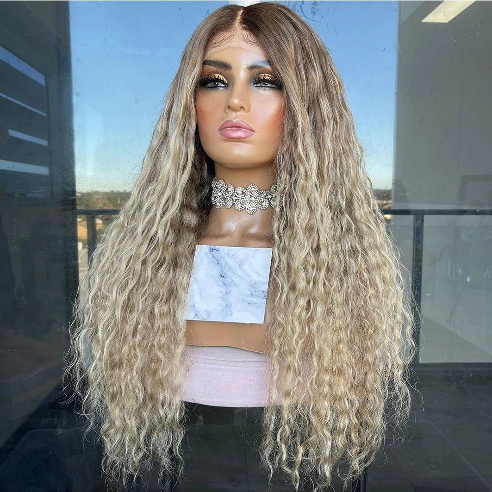 Ashy Blonde Curly Human Hair Wig Dark Roots - HairNjoy