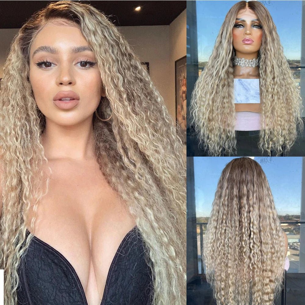 Ashy Blonde Curly Human Hair Wig Dark Roots - HairNjoy