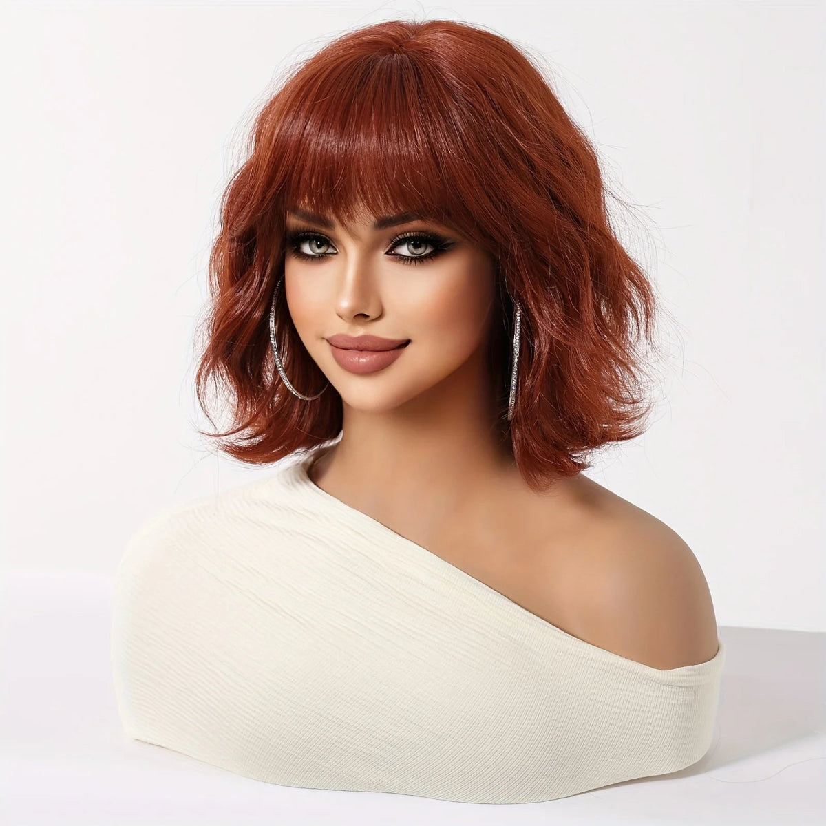 Auburn Short Wavy Wig with Bangs - HairNjoy