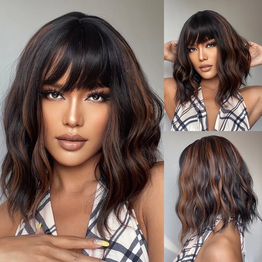 Auburn Short Wavy Wig with Bangs - HairNjoy