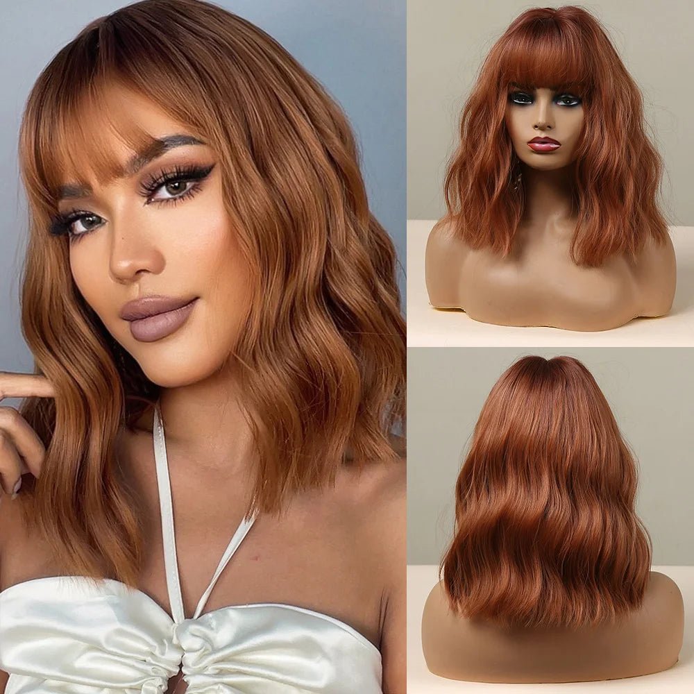 Auburn Short Wavy Wig with Bangs - HairNjoy