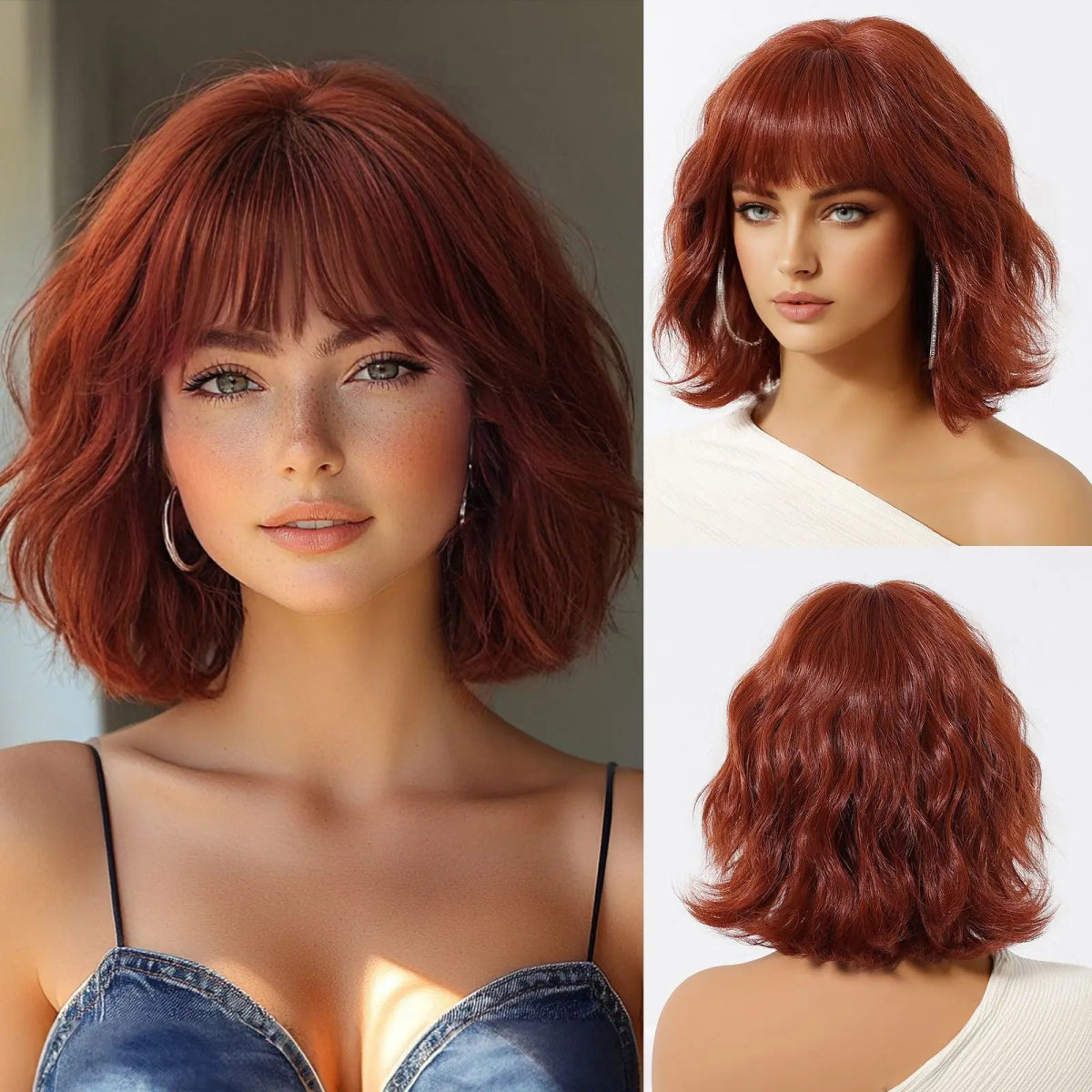 Auburn Short Wavy Wig with Bangs - HairNjoy