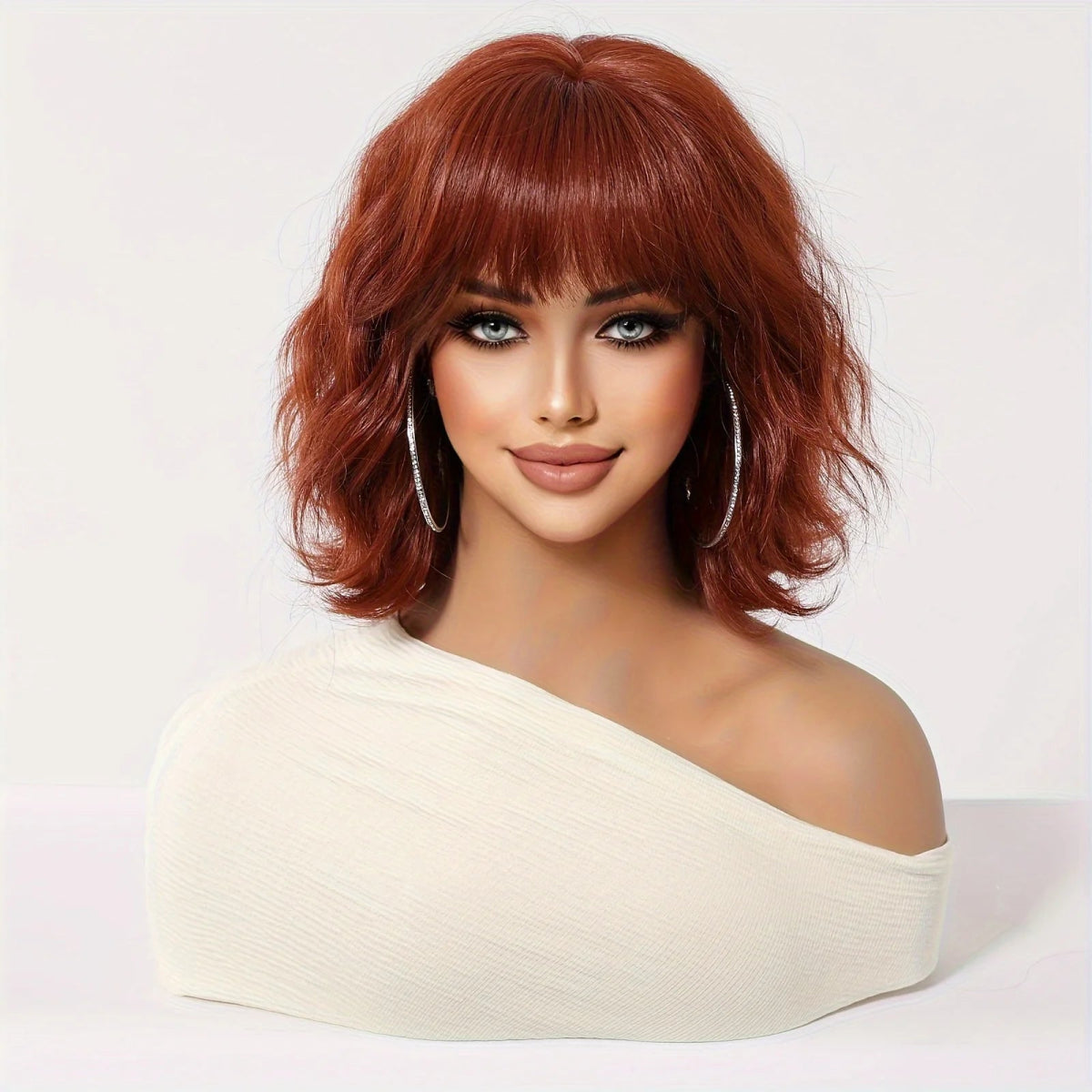 Auburn Short Wavy Wig with Bangs - HairNjoy