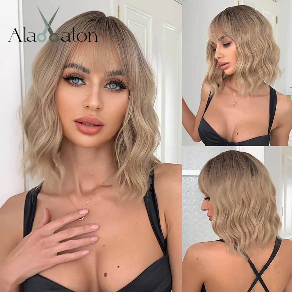 Auburn Short Wavy Wig with Bangs - HairNjoy