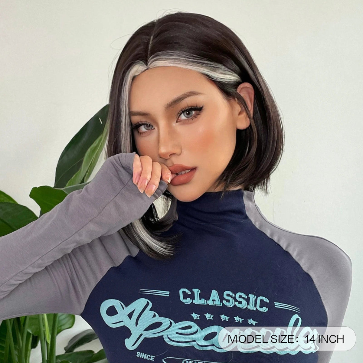 Black Bob Wig with White Highlights & Bangs - HairNjoy