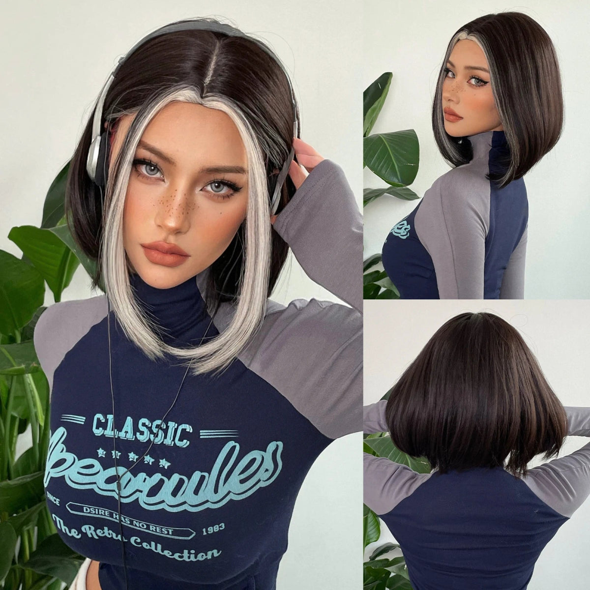 Black Bob Wig with White Highlights & Bangs - HairNjoy