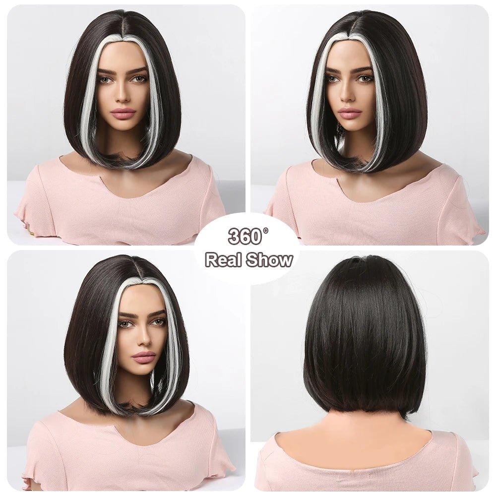 Black Bob Wig with White Highlights & Bangs - HairNjoy
