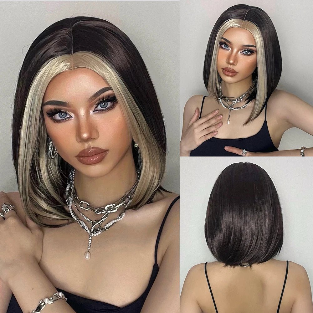 Black Bob Wig with White Highlights & Bangs - HairNjoy