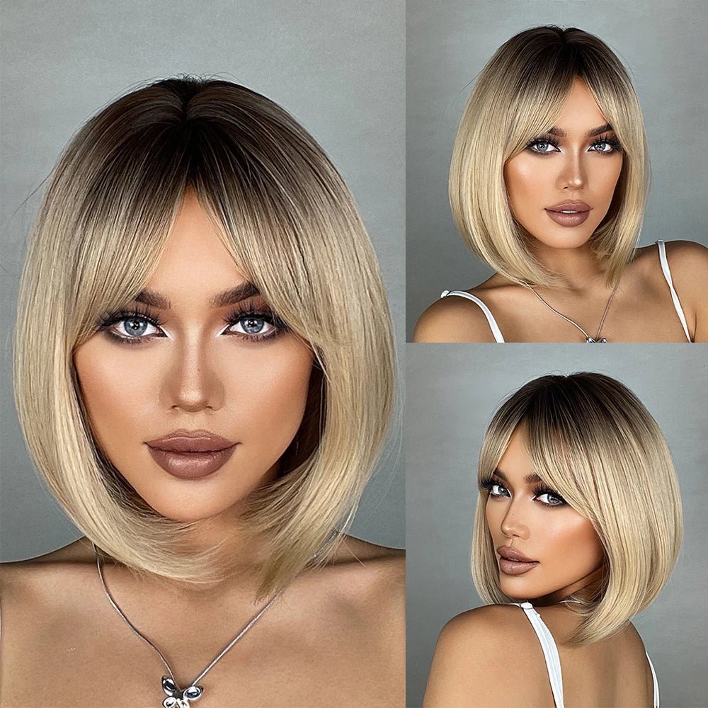 Black Bob Wig with White Highlights & Bangs - HairNjoy