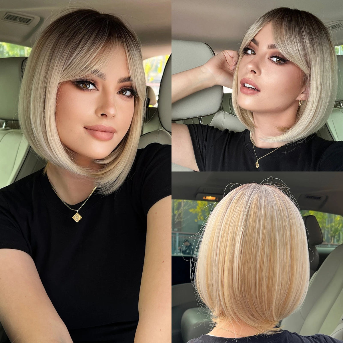 Black Bob Wig with White Highlights & Bangs - HairNjoy