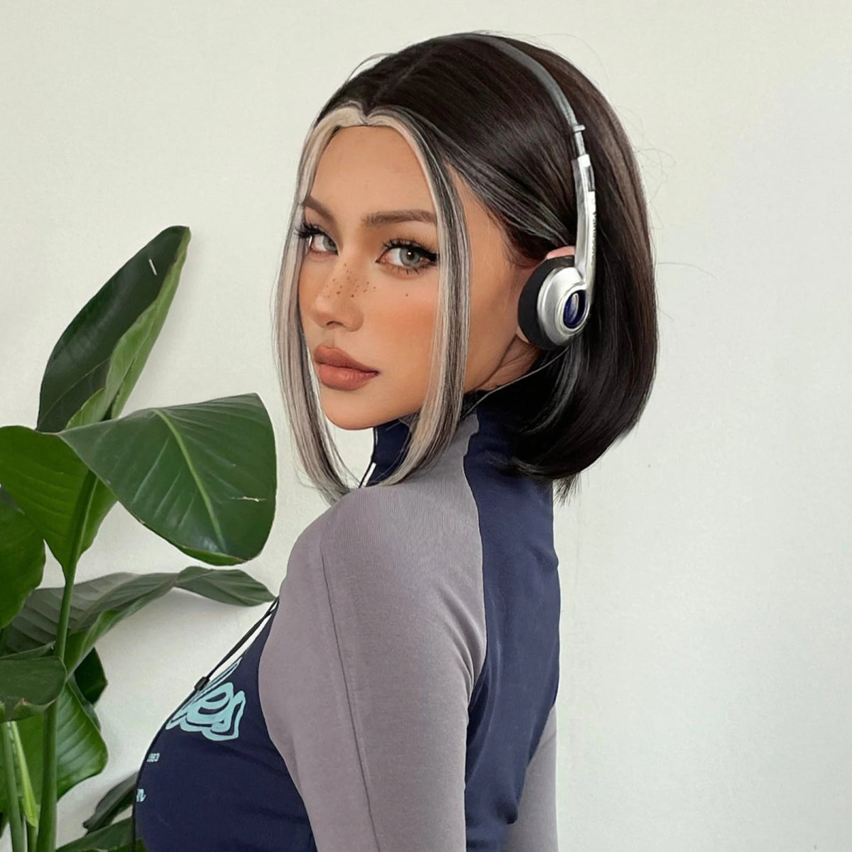 Black Bob Wig with White Highlights & Bangs - HairNjoy