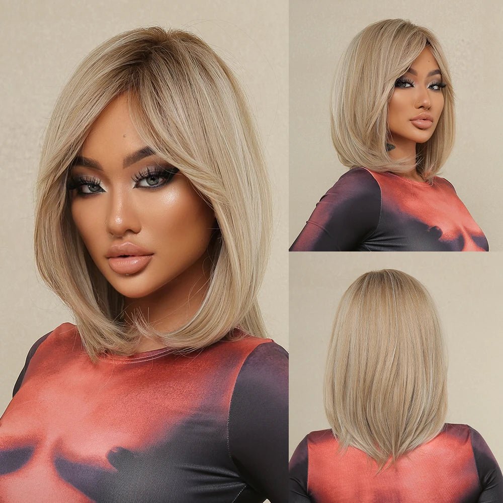 Black Bob Wig with White Highlights & Bangs - HairNjoy