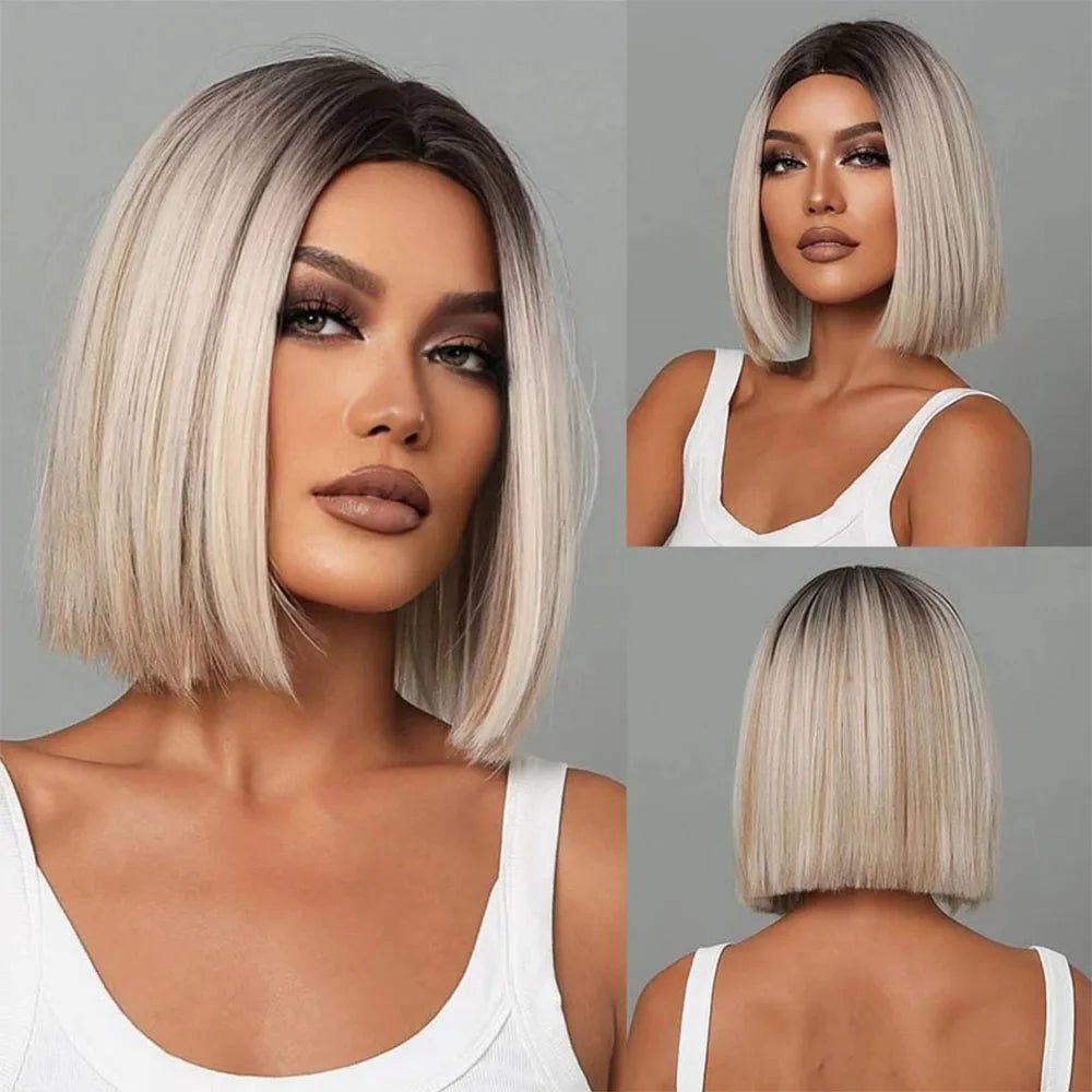 Black Bob Wig with White Highlights & Bangs - HairNjoy