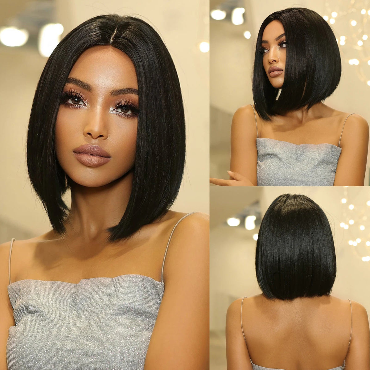 Black Bob Wig with White Highlights & Bangs - HairNjoy