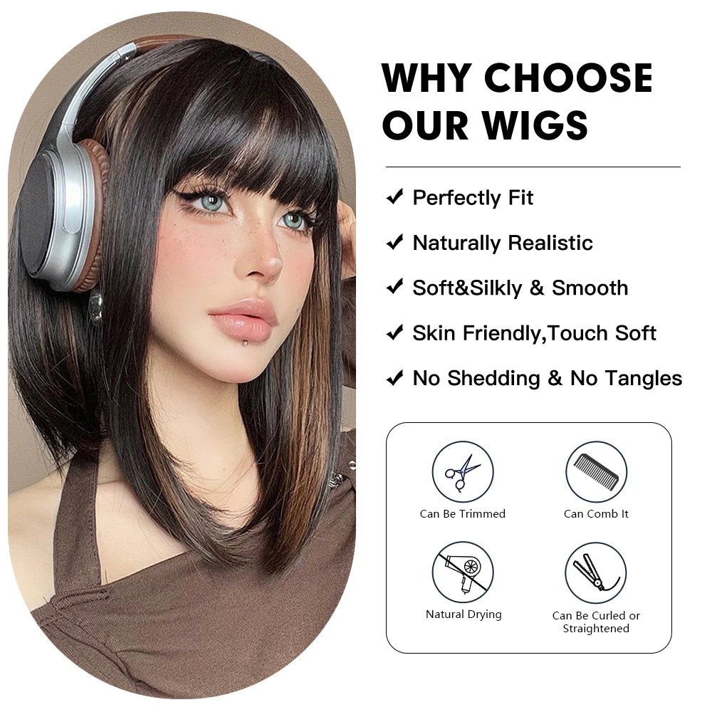 Black Brown Highlight Synthetic Wig - HairNjoy