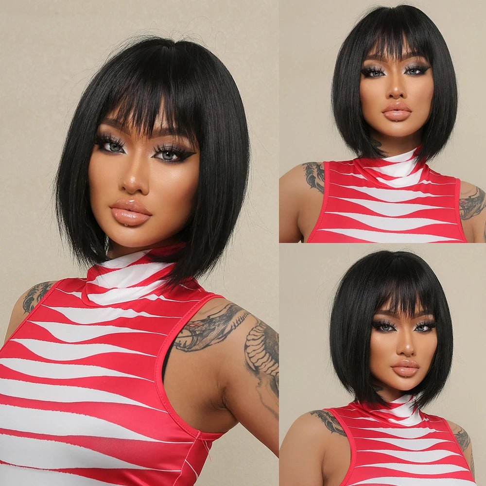 Black Brown Highlight Synthetic Wig - HairNjoy