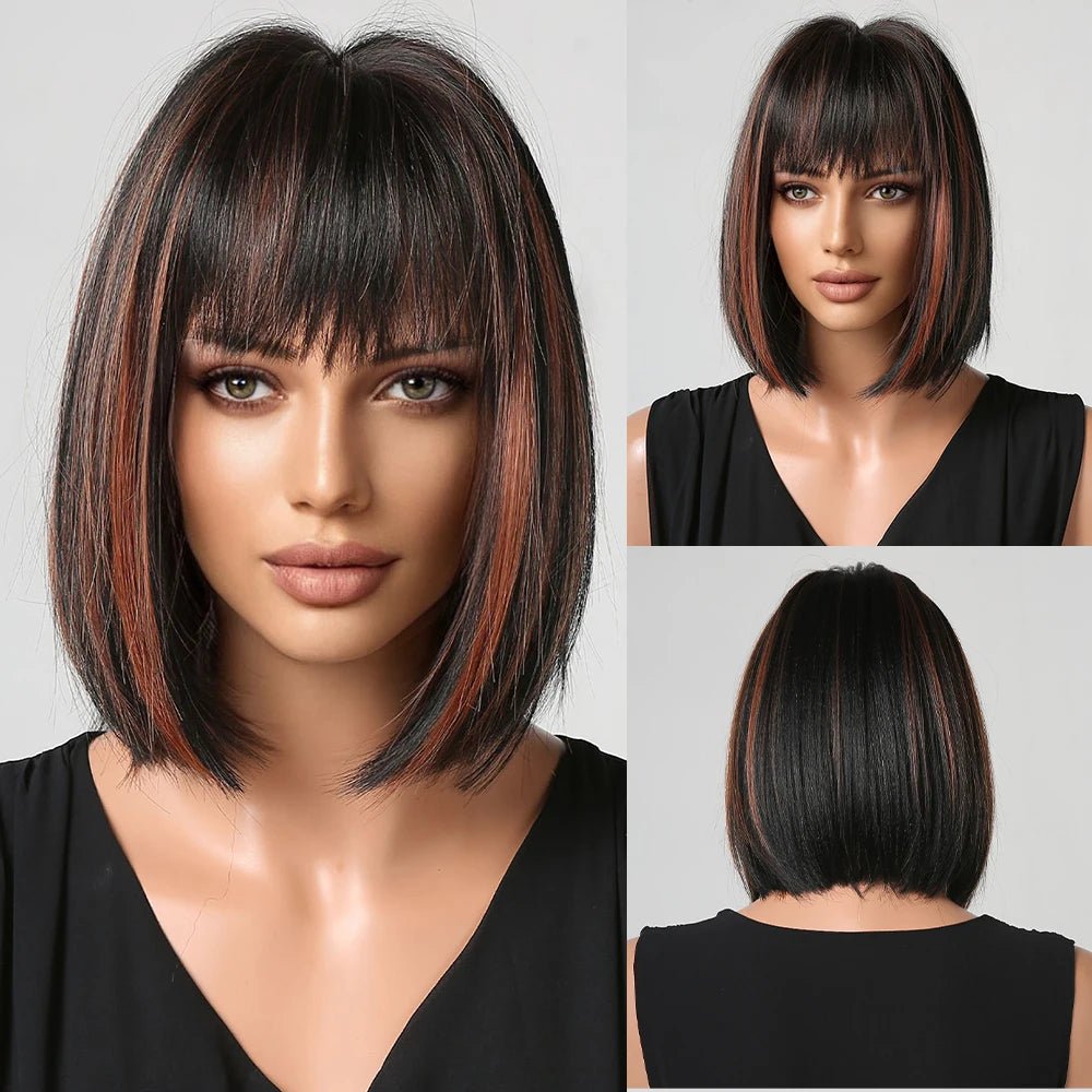 Black Brown Highlight Synthetic Wig - HairNjoy