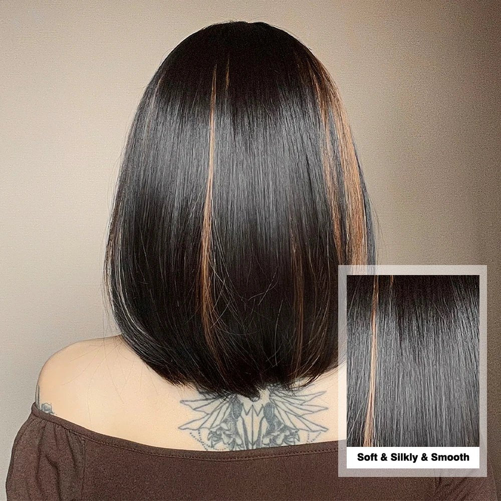 Black Brown Highlight Synthetic Wig - HairNjoy