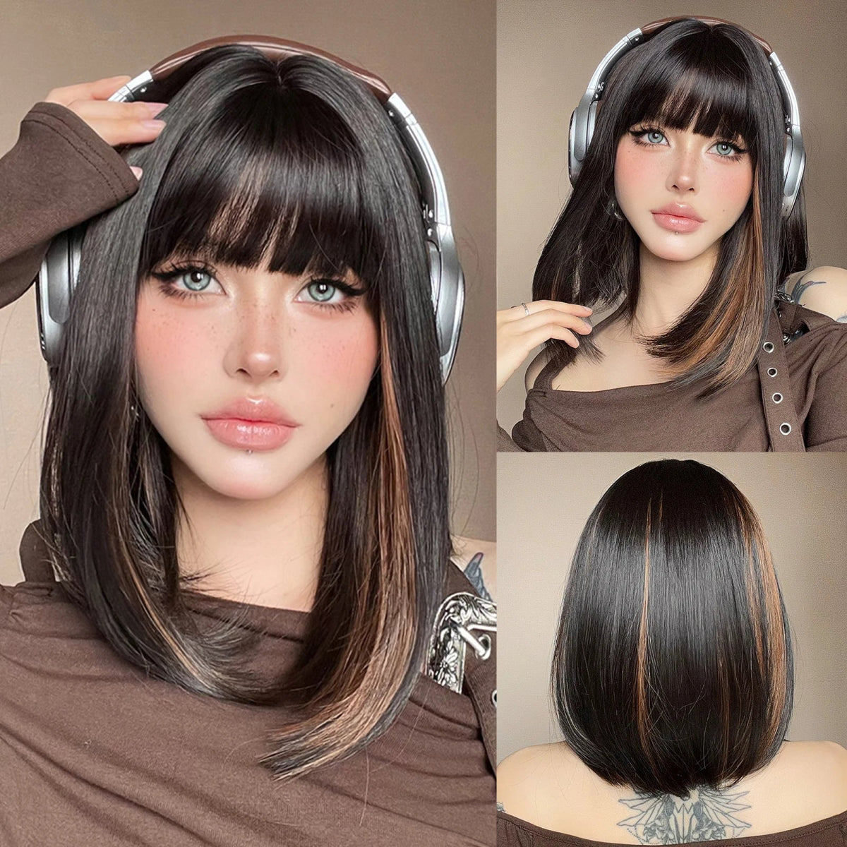 Black Brown Highlight Synthetic Wig - HairNjoy