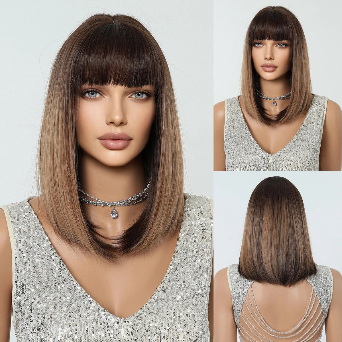 Black Brown Highlight Synthetic Wig - HairNjoy