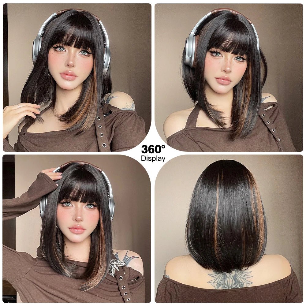 Black Brown Highlight Synthetic Wig - HairNjoy