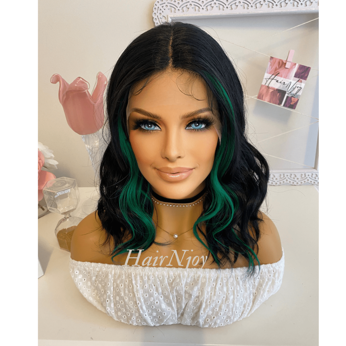 Black Green Balayage Wavy Lace Front Wig - HairNjoy