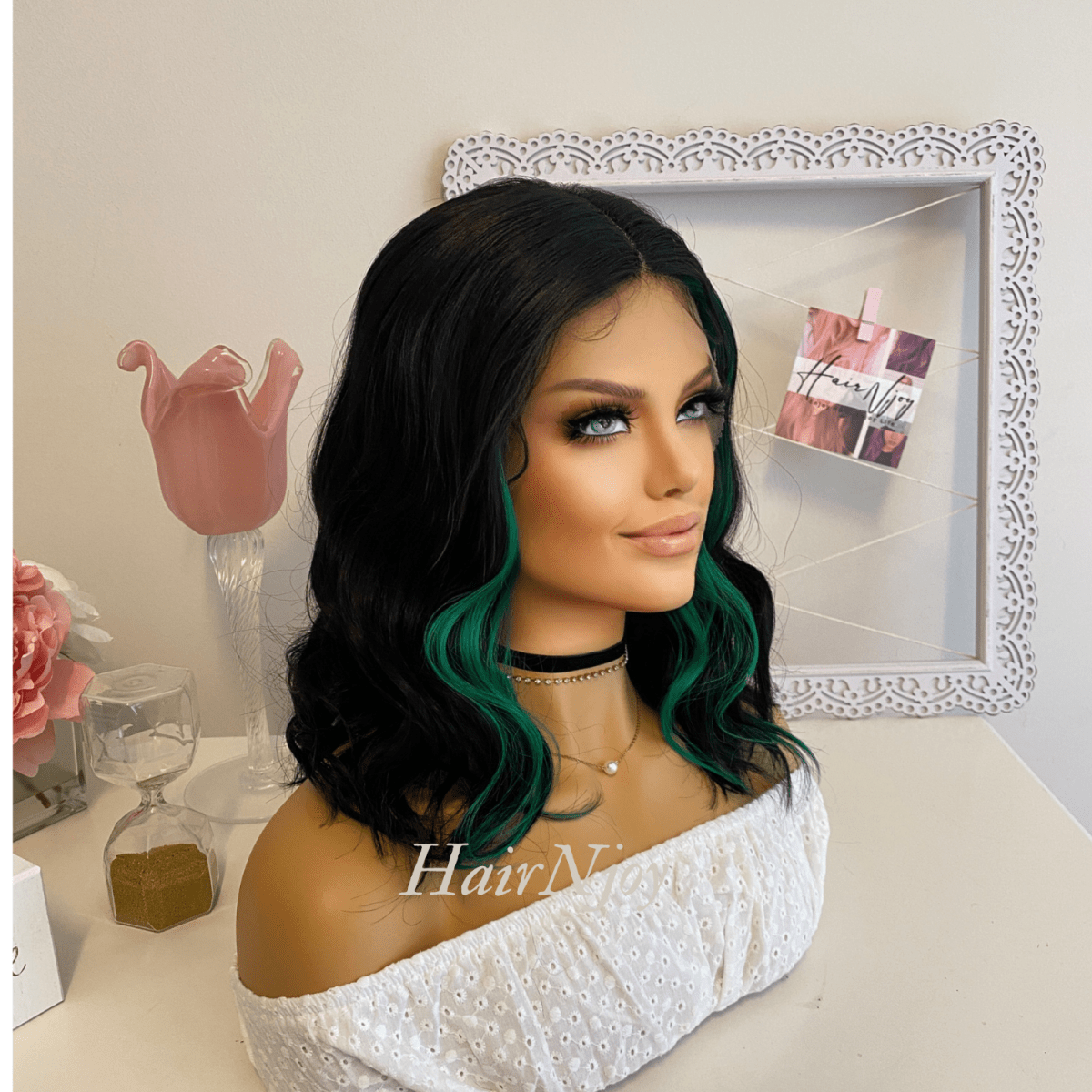 Black Green Balayage Wavy Lace Front Wig - HairNjoy