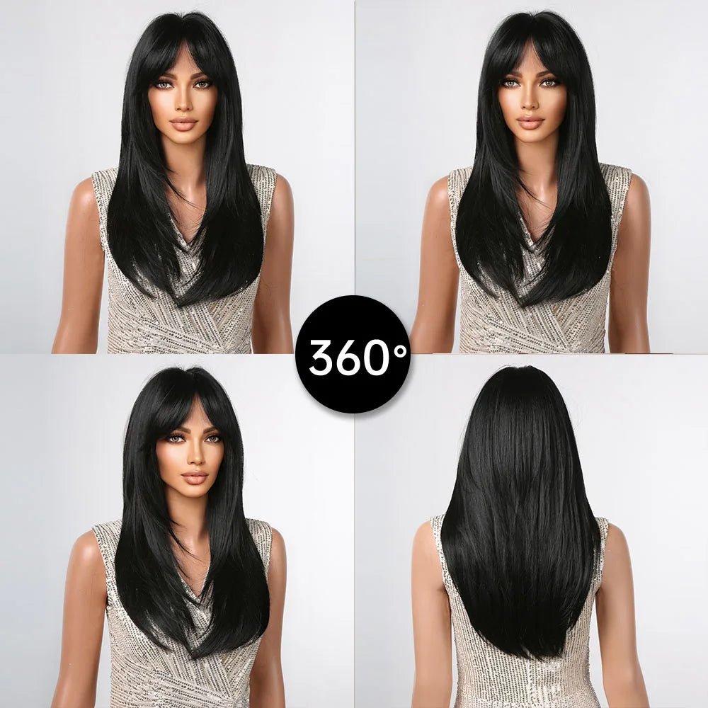 Black Layered Synthetic Wig with Bangs - HairNjoy