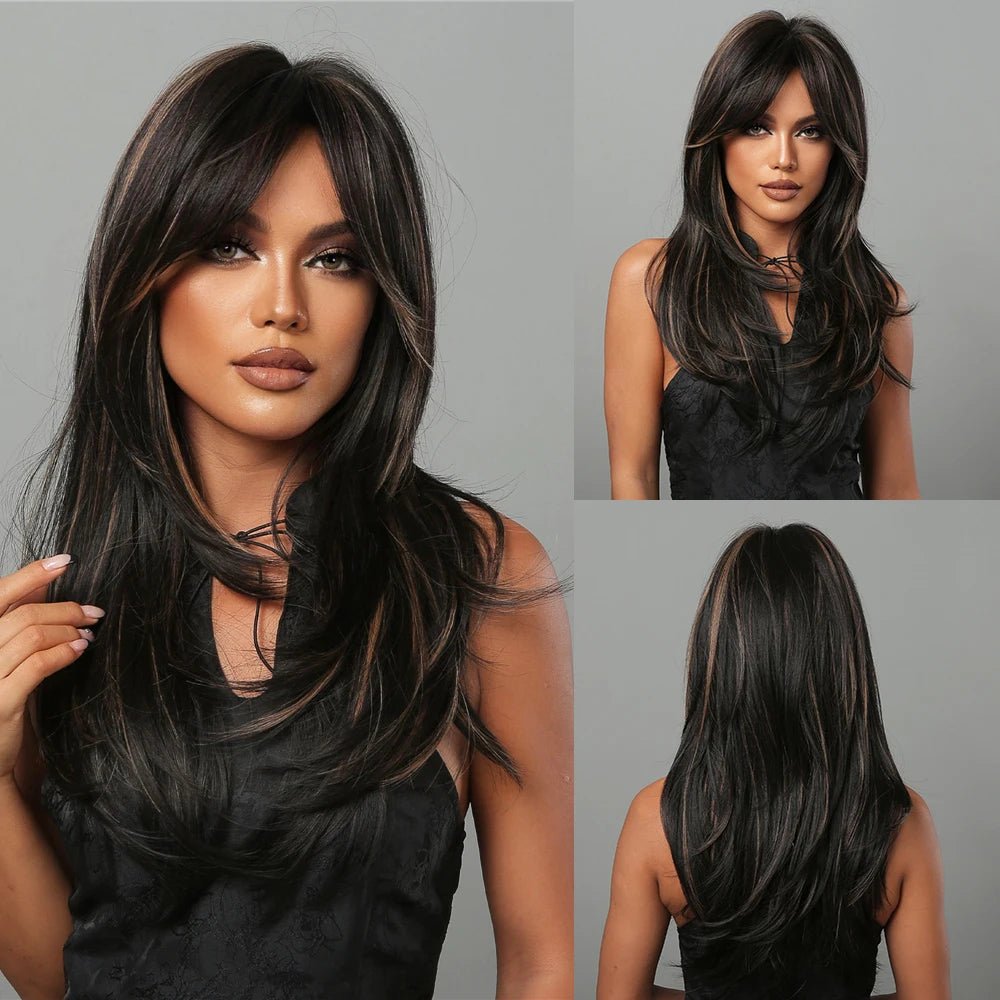 Black Layered Synthetic Wig with Bangs - HairNjoy