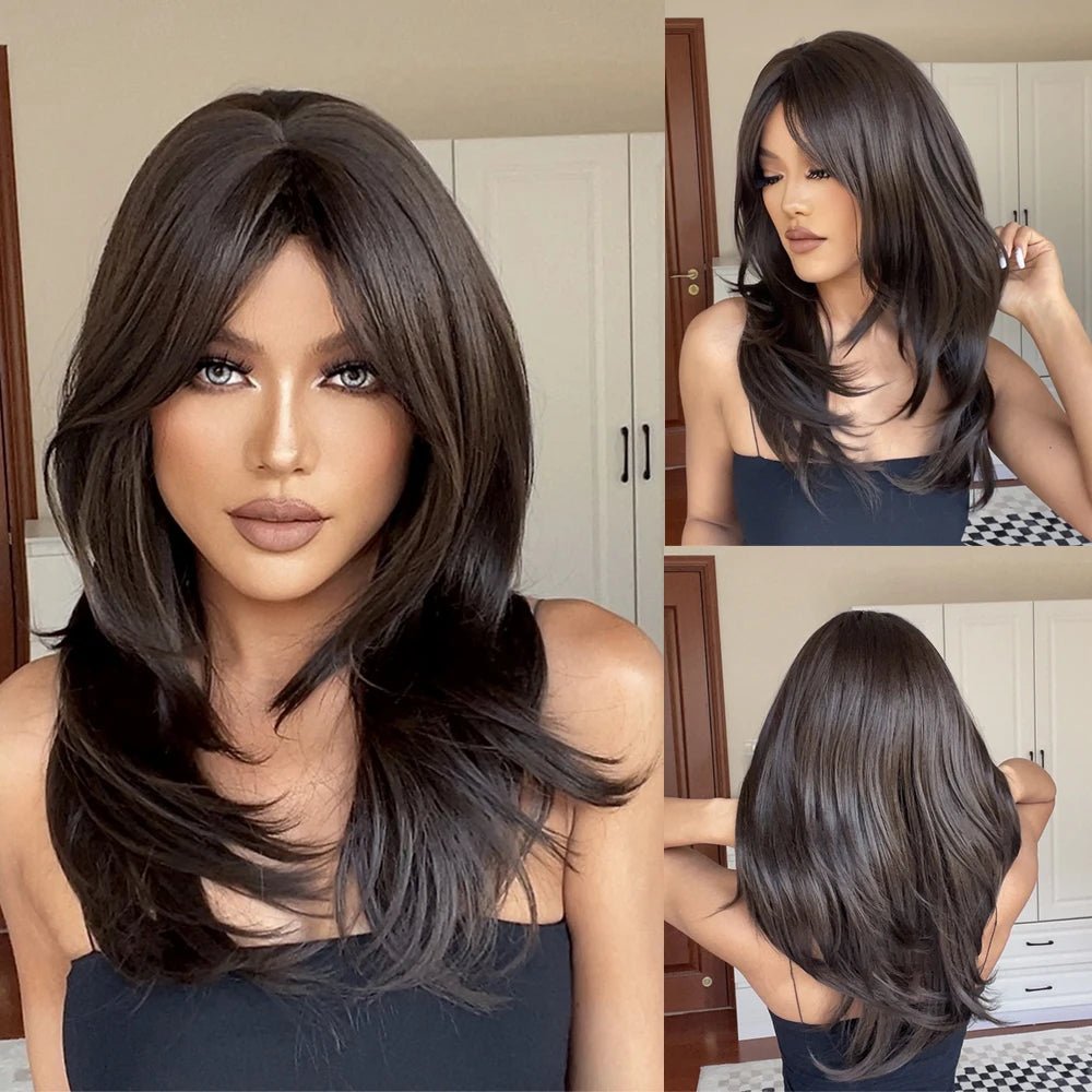 Black Layered Synthetic Wig with Bangs - HairNjoy