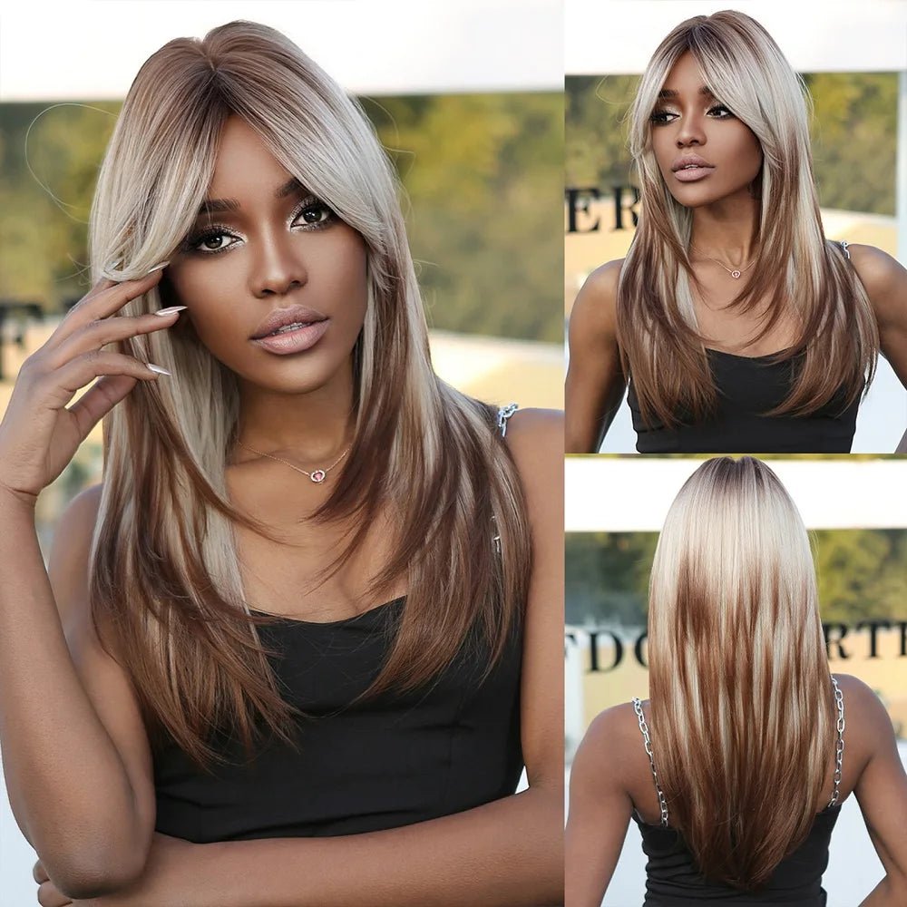 Black Layered Synthetic Wig with Bangs - HairNjoy