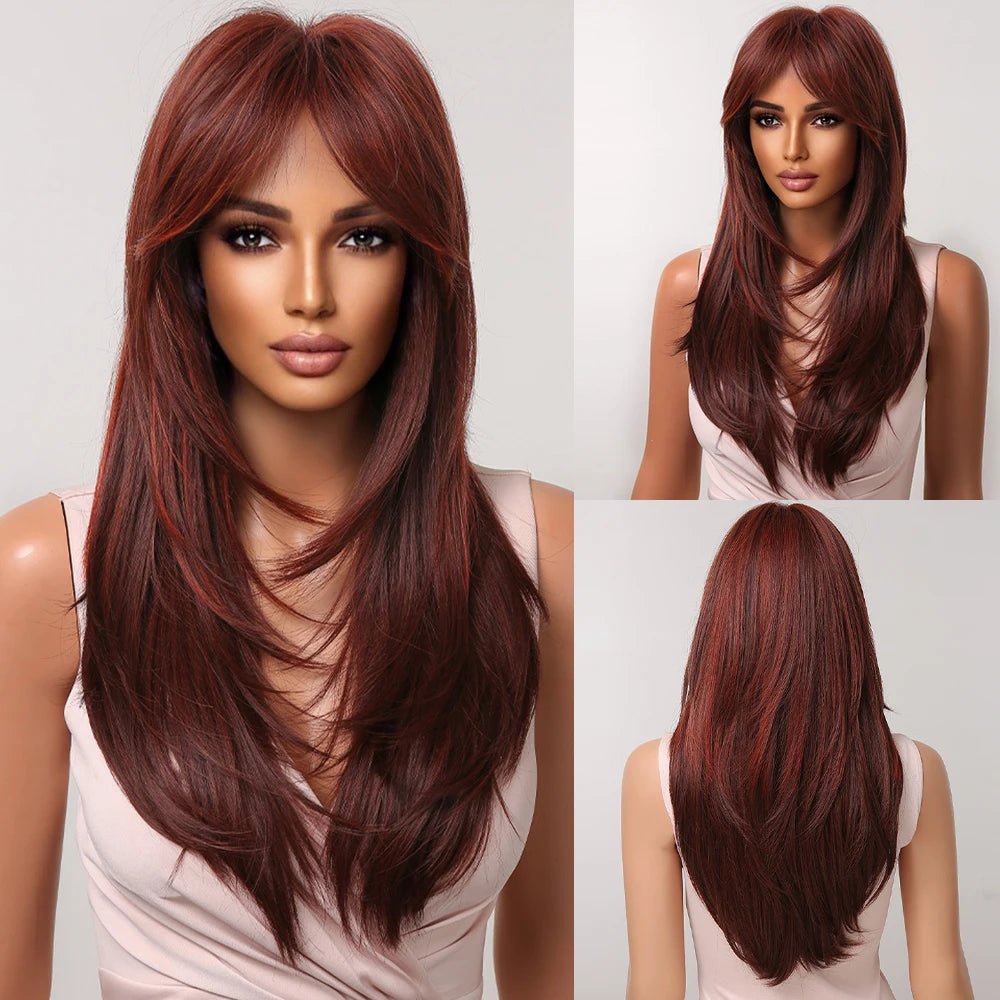 Black Layered Synthetic Wig with Bangs - HairNjoy