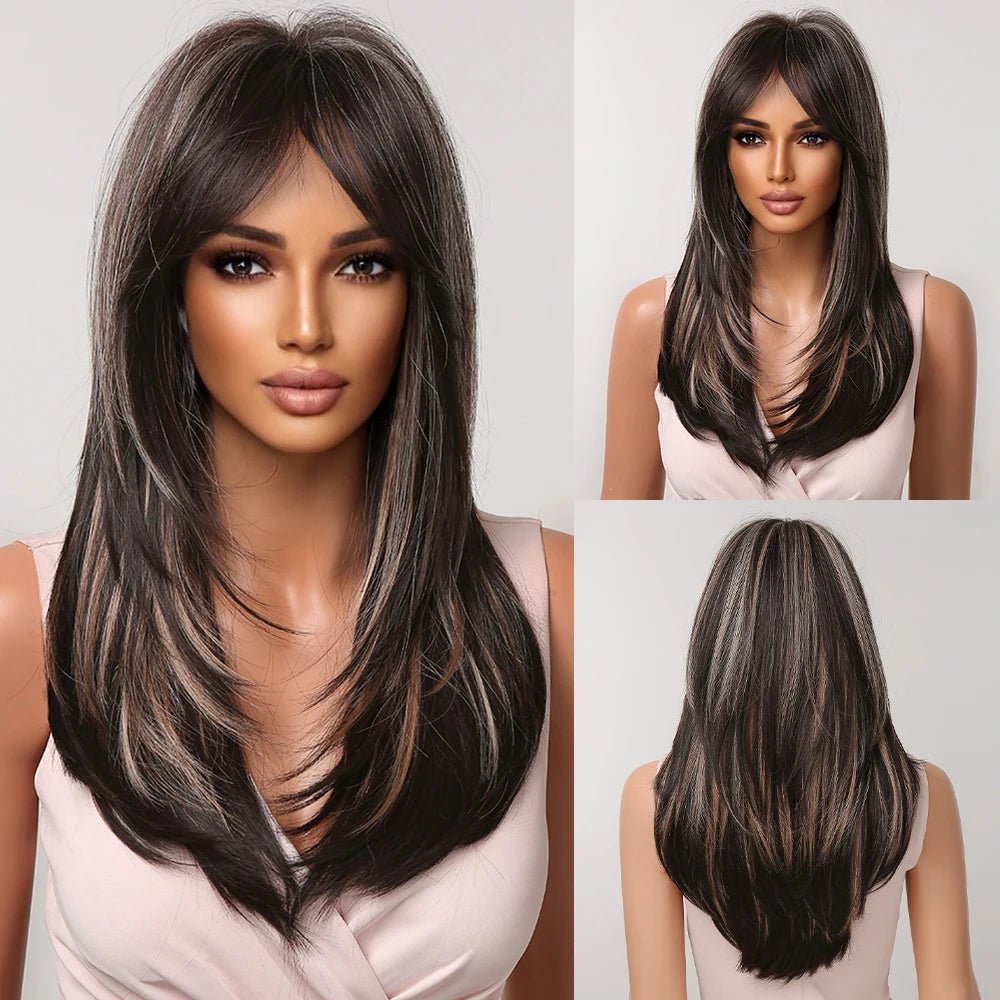 Black Layered Synthetic Wig with Bangs - HairNjoy