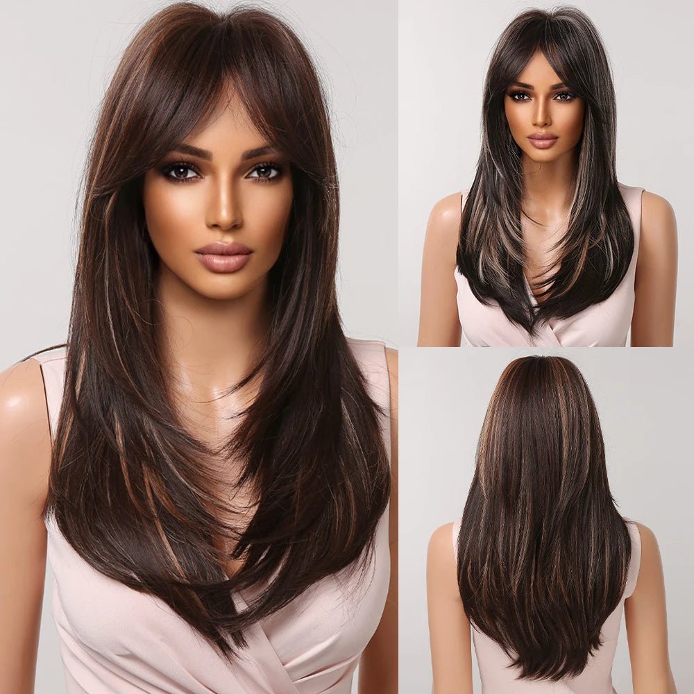 Black Layered Synthetic Wig with Bangs - HairNjoy
