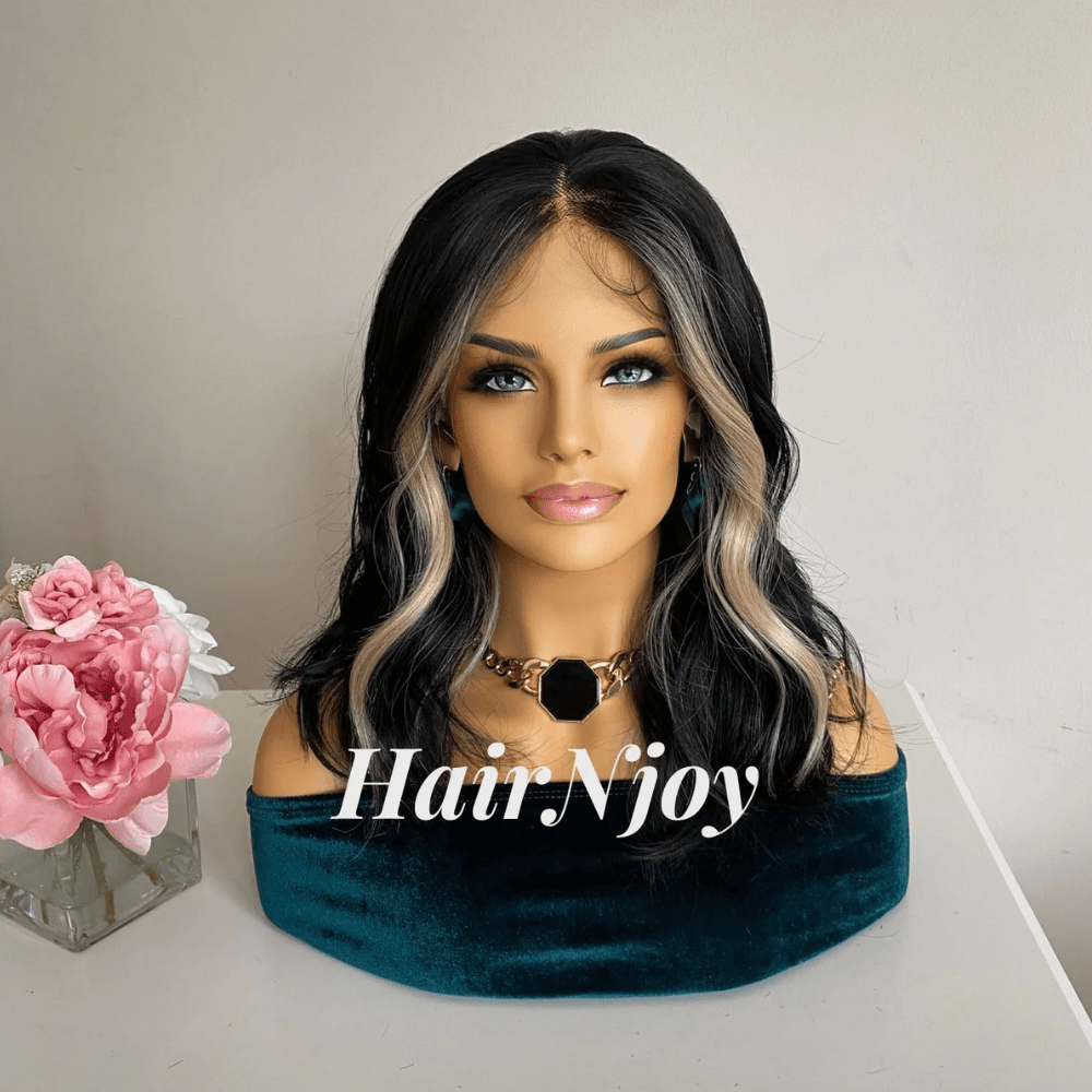 Black Shoulder - Length Wig with Blonde Highlights - HairNjoy