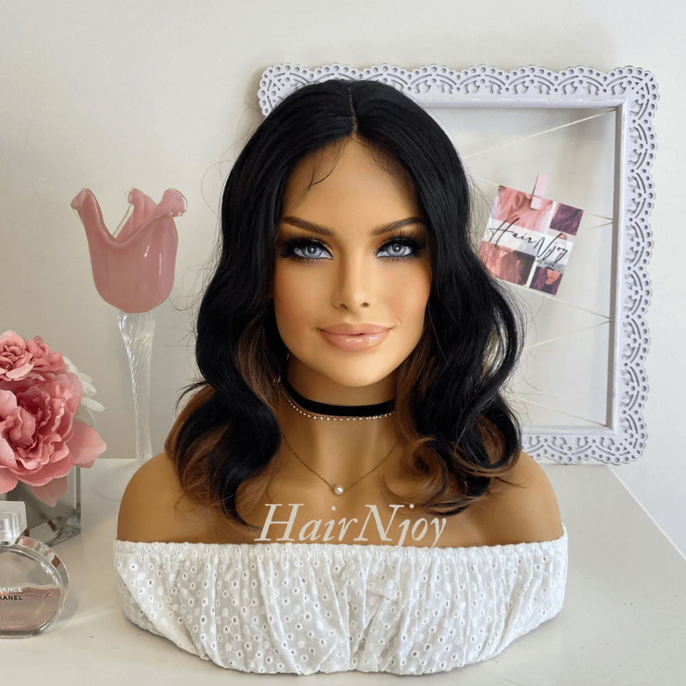 Black Warm Brown Highlights Lace Front Wavy Wig - HairNjoy