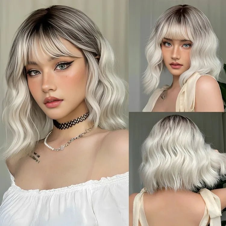 Blonde Ombre Short Wavy Wig with Bangs - HairNjoy