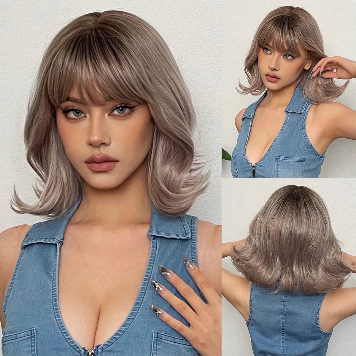 Blonde Ombre Short Wavy Wig with Bangs - HairNjoy