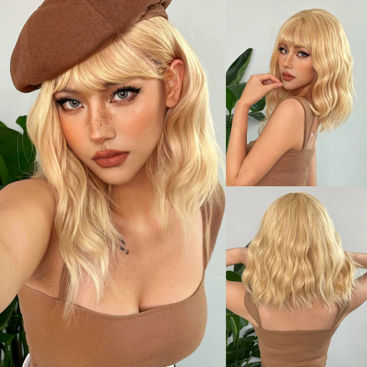 Blonde Ombre Short Wavy Wig with Bangs - HairNjoy