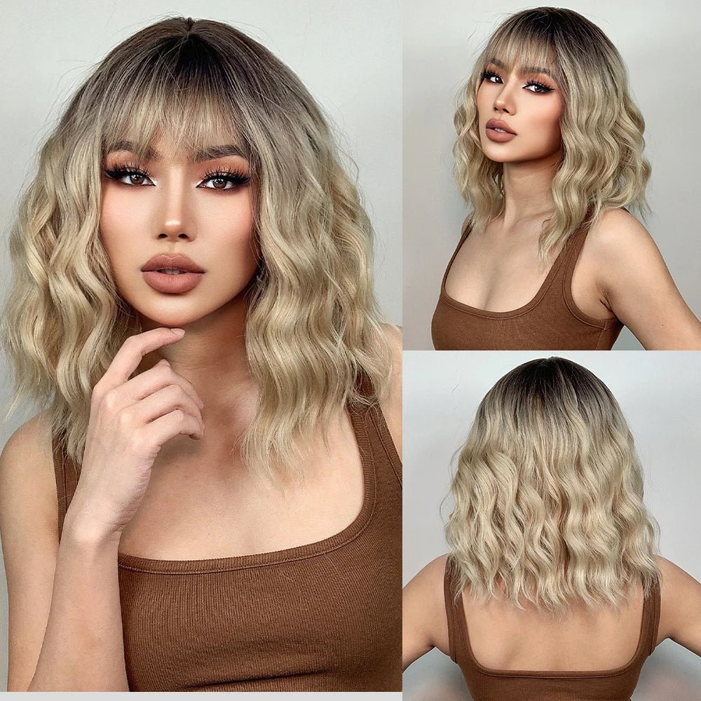 Blonde Ombre Short Wavy Wig with Bangs - HairNjoy