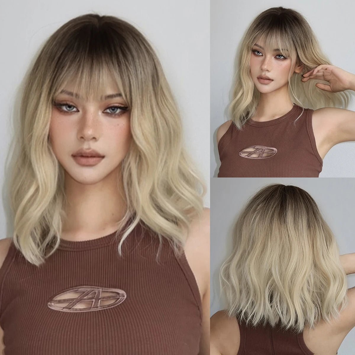 Blonde Ombre Short Wavy Wig with Bangs - HairNjoy