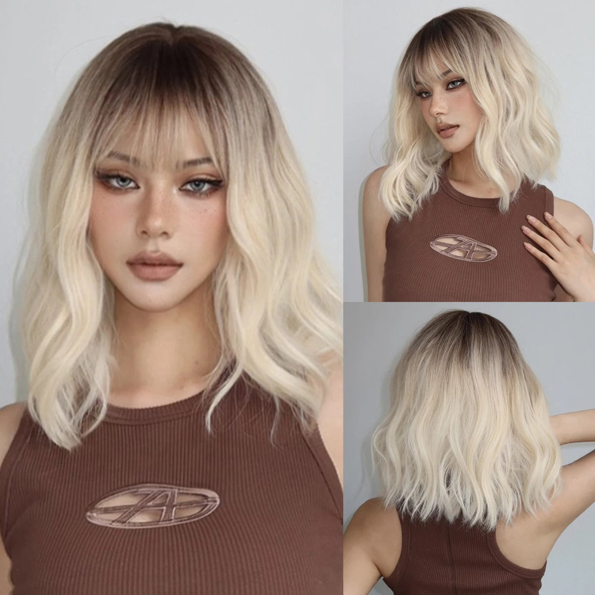 Blonde Ombre Short Wavy Wig with Bangs - HairNjoy