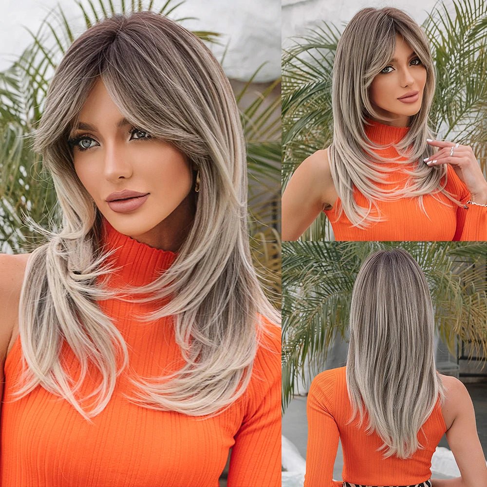 Blonde Platinum Layered Wig with Straight Bangs - HairNjoy