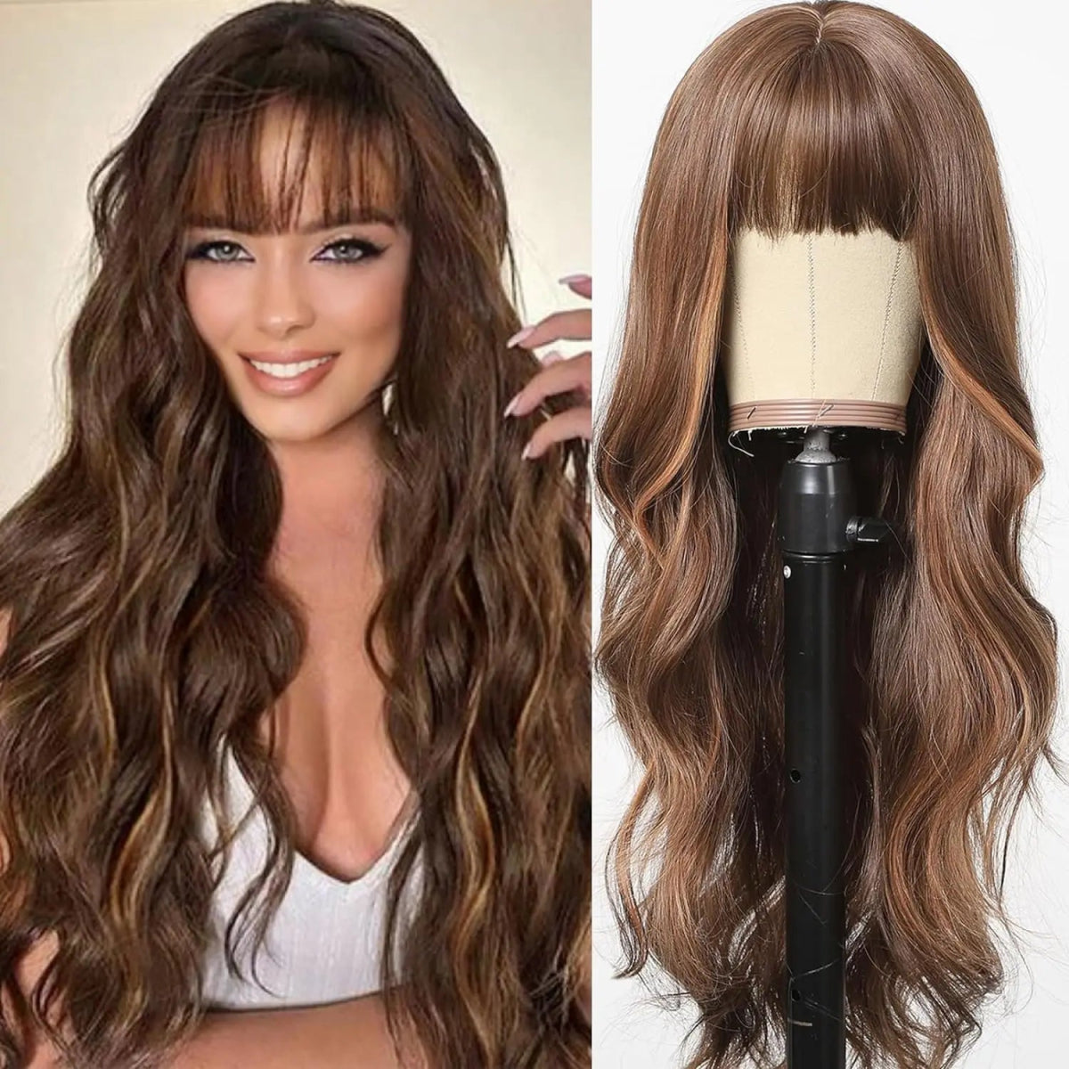 Blonde Wavy Synthetic Wig with Bangs - HairNjoy