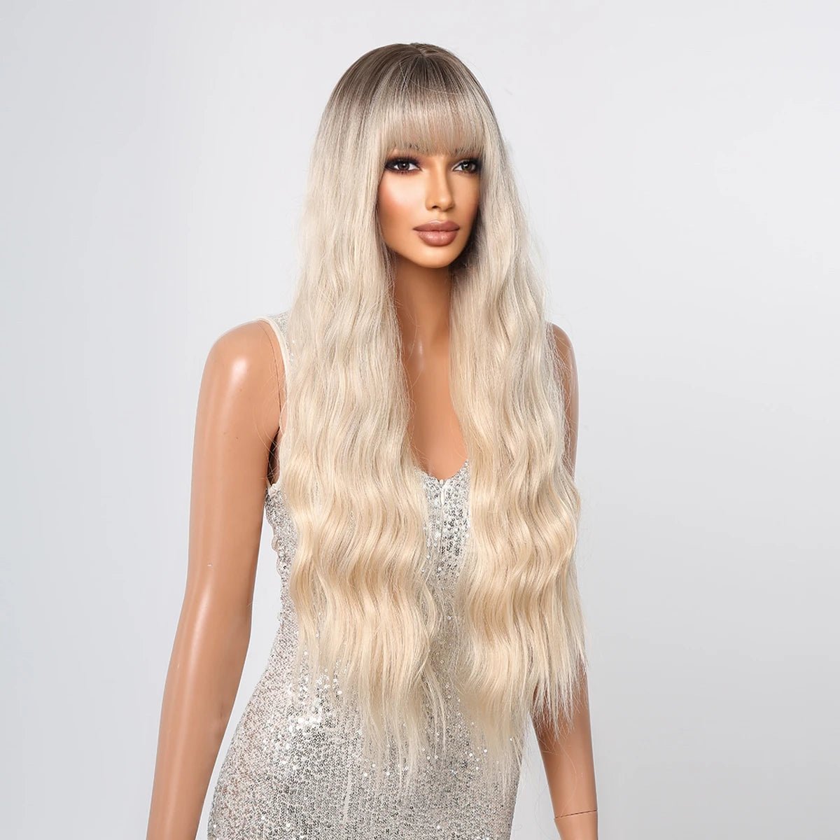 Blonde Wavy Synthetic Wig with Bangs - HairNjoy