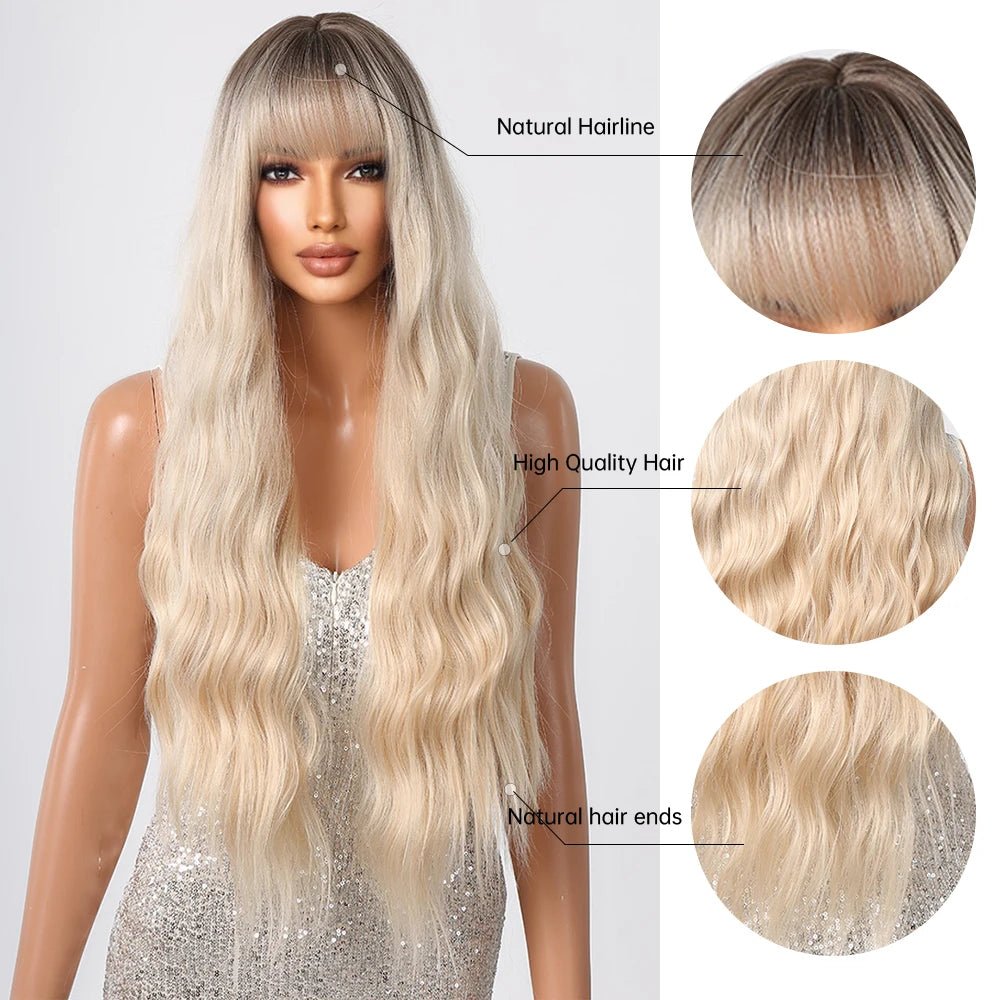 Blonde Wavy Synthetic Wig with Bangs - HairNjoy